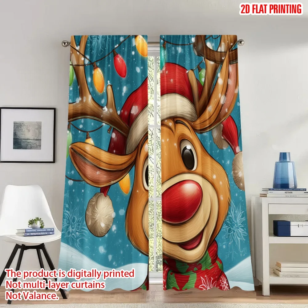 

2pcs 2D flat printing Christmas Party Curtains Cute cartoon reindeer Christmas greeting Digital Printed Polyester Drapes Holiday
