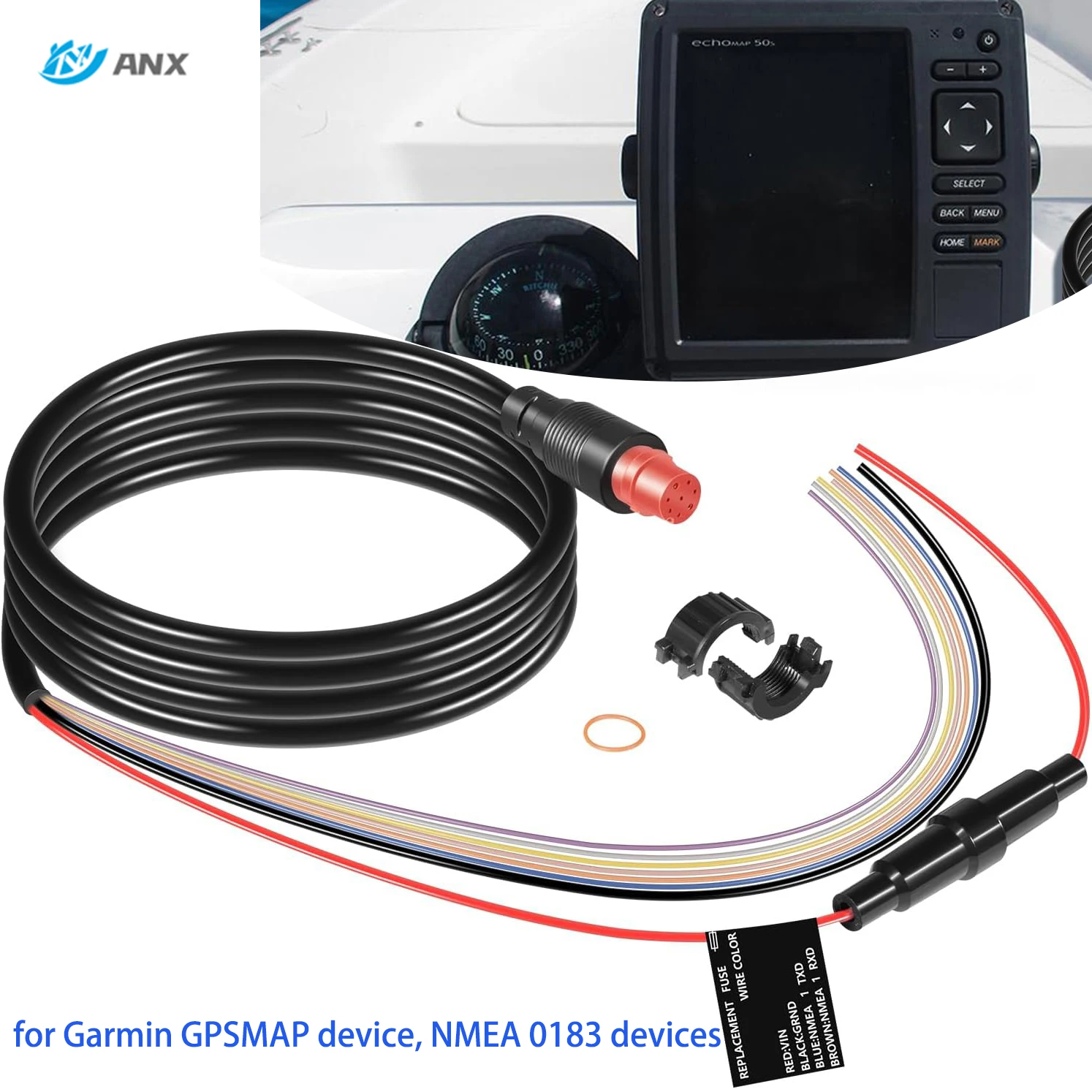 8-контактный кабель питания ANX 010-11970-00 подходит для серий Garmin echoMAP 50dv/50s/70dv/70s и GPSMAP 527xs/547/547xs/741/741xs
