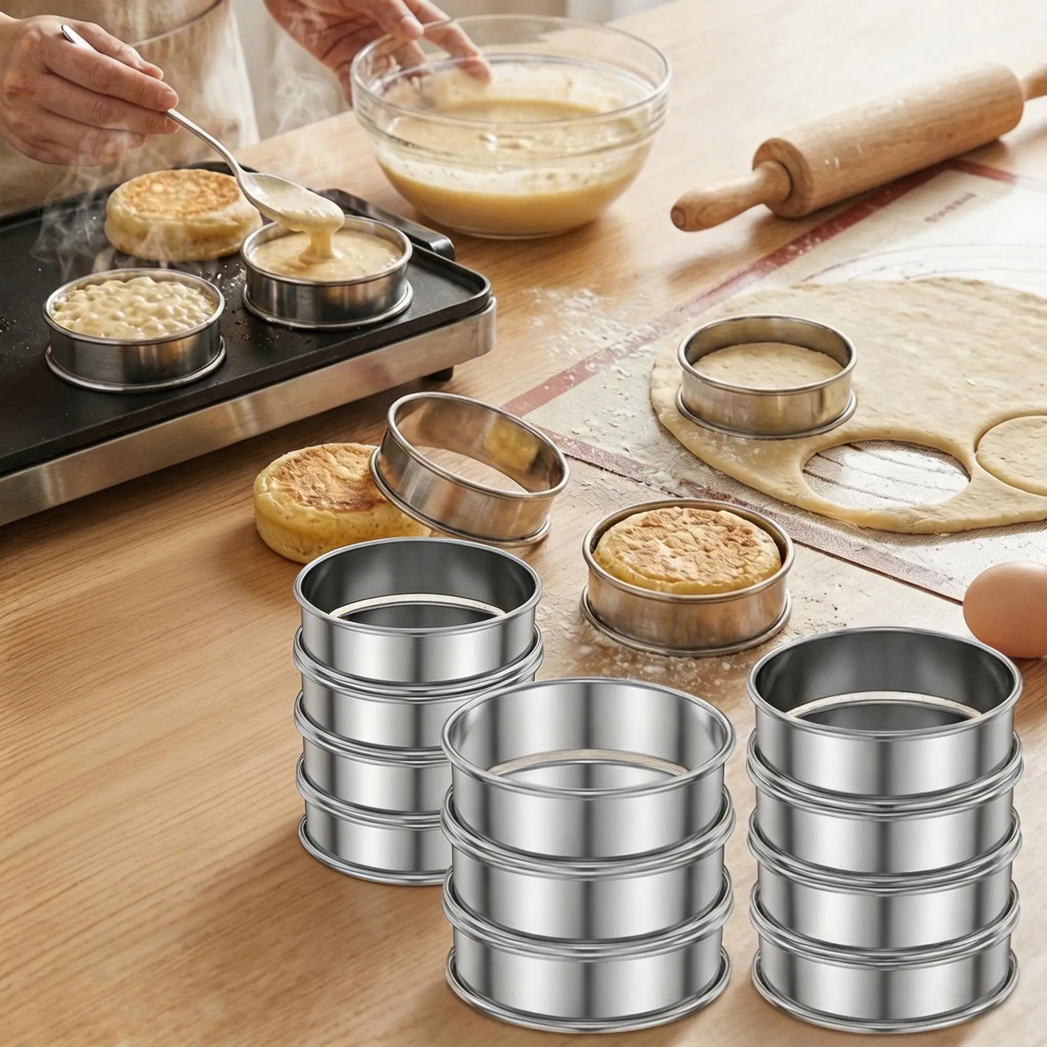 12 Uds. Anillos para tarta de muffins, anillos para bollos de acero inoxidable, 10/8cm, anillo para muffins en inglés de doble laminado, moldes para anillos de pastelería y postre para cocinar