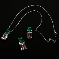 Luxry Green Pink Zircon Stud Earrings Pendant Necklace Jewelry Set