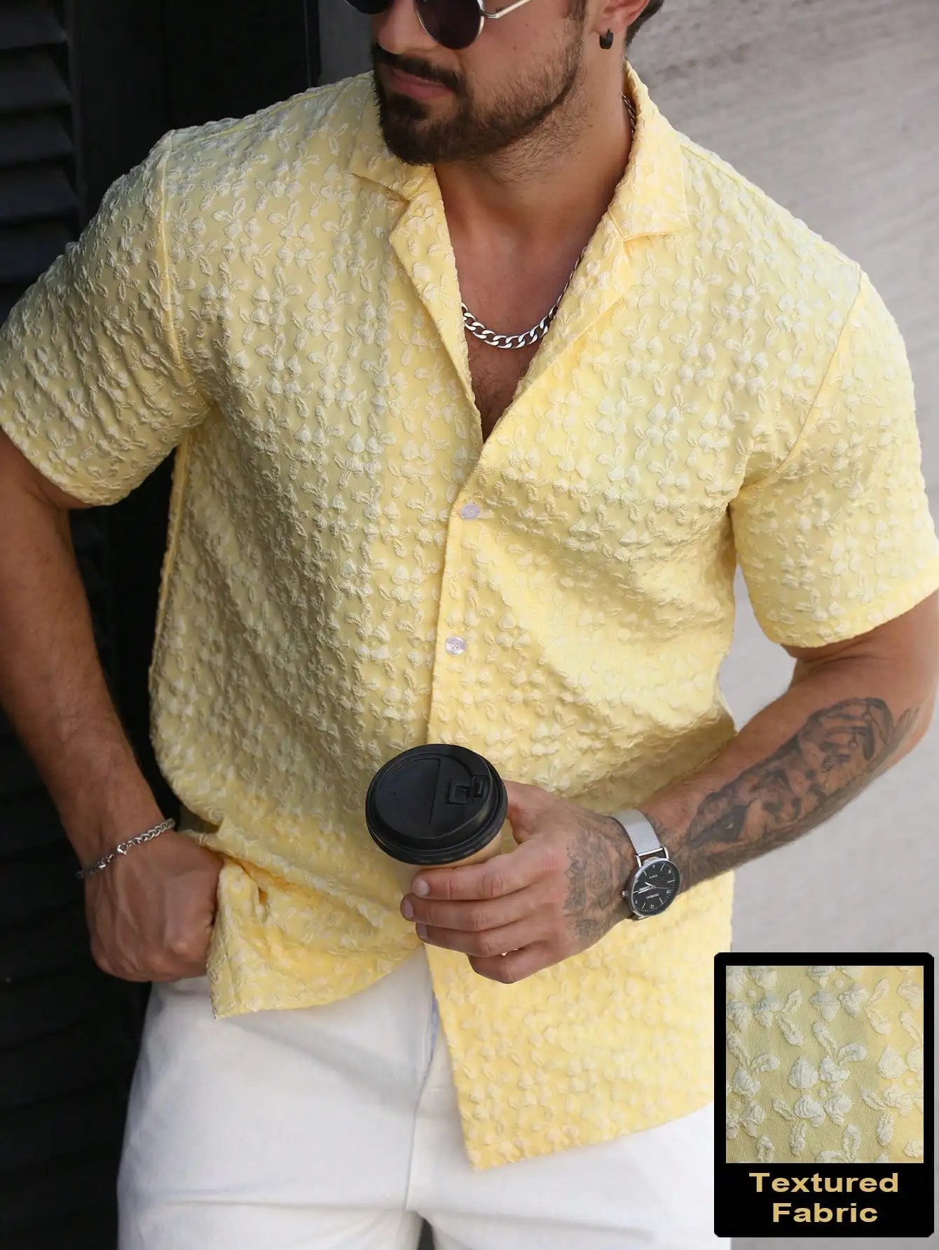 

Men's Yellow Floral Textured Short Sleeve Button-Up Casual Shirt