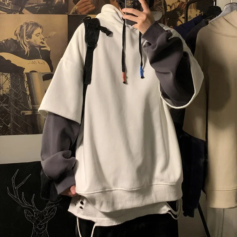 Spring Autumn Men Hooded Sweatshirts Patchwork Pullover Casual Hooded Top Korean Fashion High Street Hip Hop Male Clothes