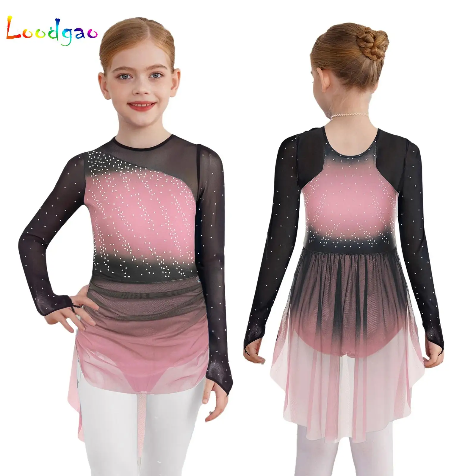 

Girls Lyrical Dance Dress Artistic Figure Skating Rhythmic Gymnastics Costume Sparkly Rhinestones Gradient Ballet Leotard Dress