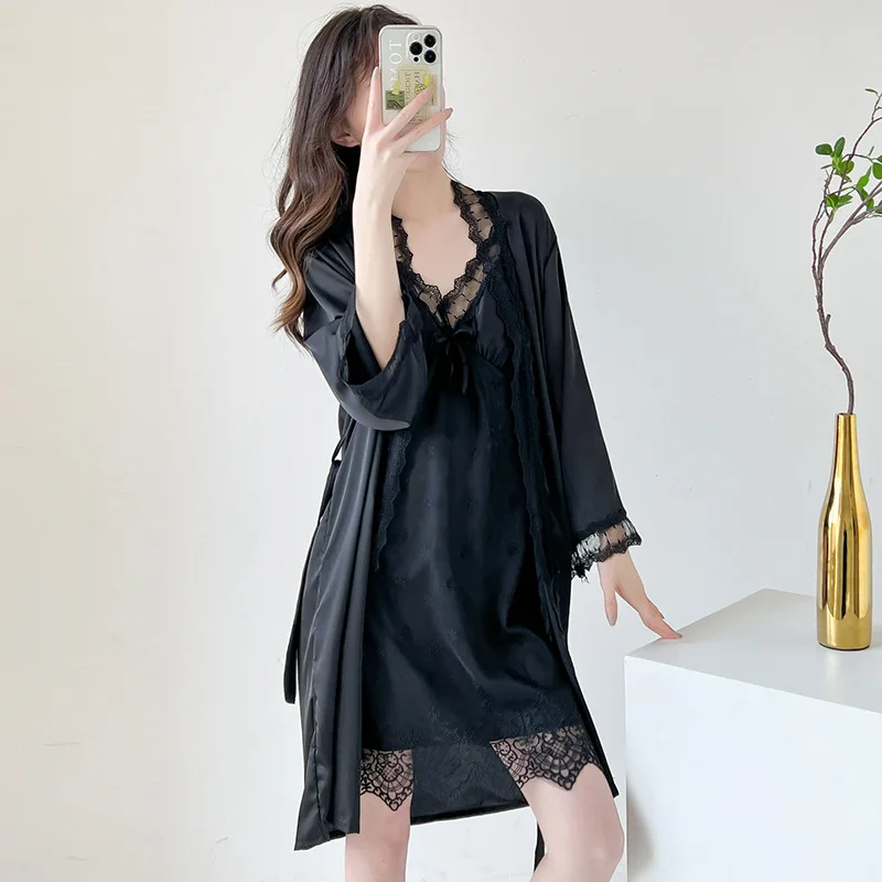 Loungewear 2PCS Kimono Robe Set Nightwear Women Sleepwear Bathrobe Gown Long Sleeve Sexy Lave Nightgown Intimate Lingerie