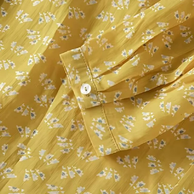 여성용 면 및 린넨 프린트 노란색 드레스