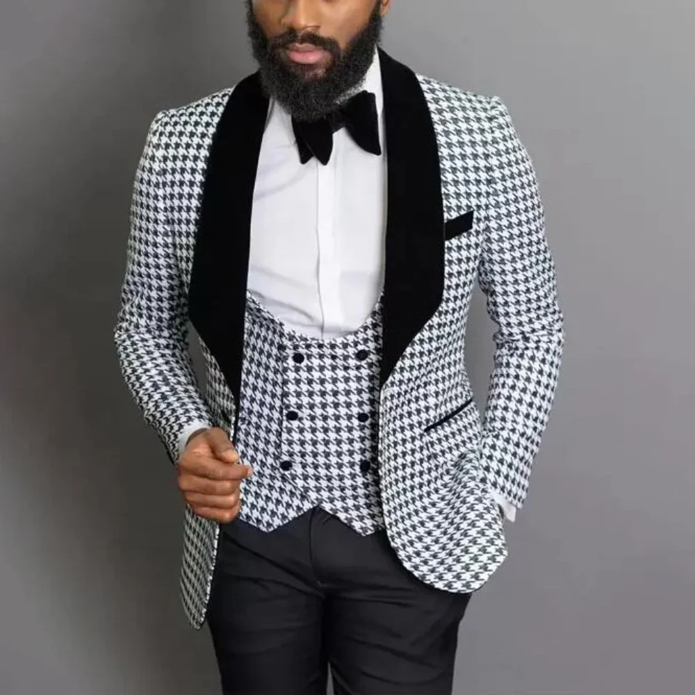 Chic Houndstooth Suits for Men Shawl Lapel One Button Male Suit Fashion Formal Party Prom Wedding Tuxedo (Blazer+Vest+Pants)