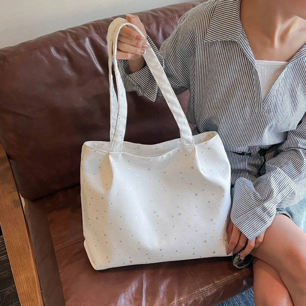 Star Print Canvas Tote Bag Flat Bottom Decorative Charm Star Canvas Bag Lightweight Large Capacity Shoulder Handbag