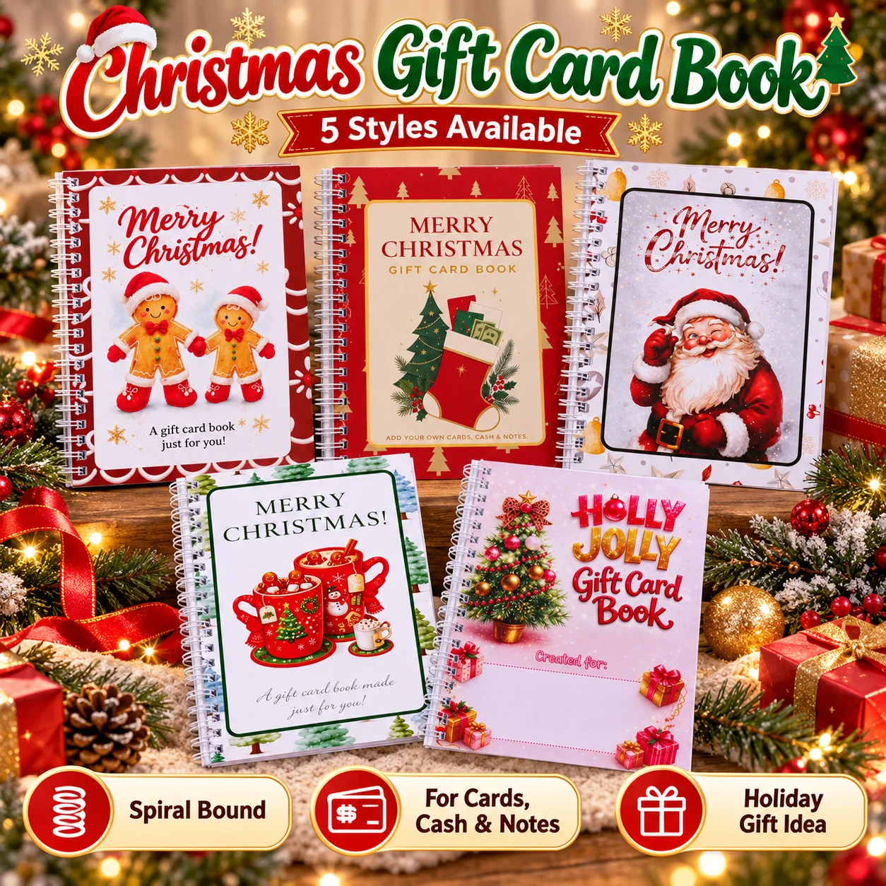 Gift Card Book, 5 Designs Portable, Cute Cartoon Xmas Pattern, Card Holder Organizer, For Office Holiday Use, Creative Gift