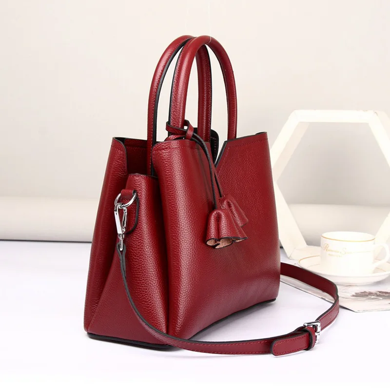 Women Elegant Handbag Female Genuine Leather Large Capacity Tote Bag Moms Solid Color Cowhide Shoulder Bag Cross-body Messenger