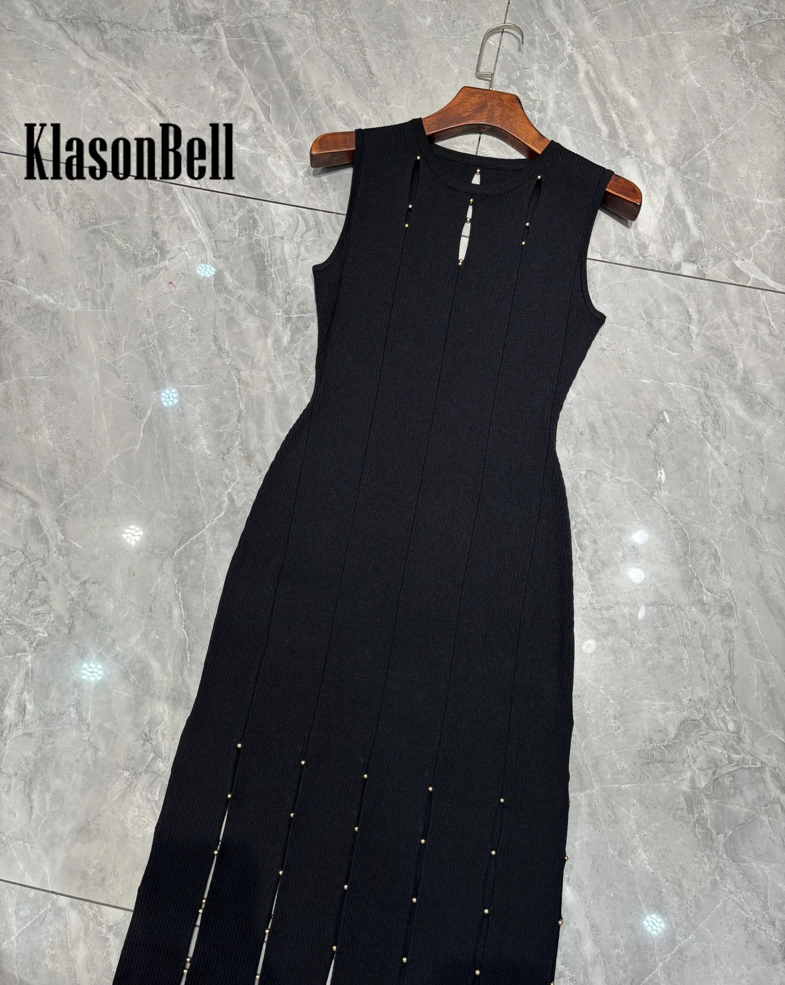 1.21 KlasonBell Beading Hollow Out O-NecK Sleeveless Tassel Maxi Dress Women Solid Color High Stretch Knitted Slim Tank Dress