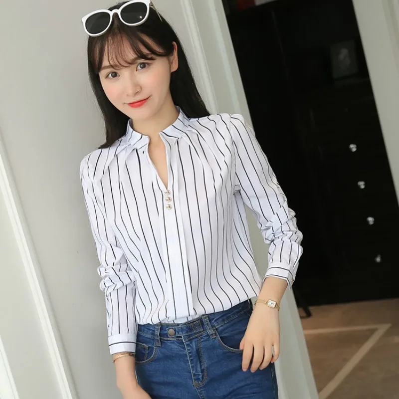 Women White Tops and Blouses Fashion Stripe Print Casual Long Sleeve Office Lady Work Shirts Female Slim Blusas