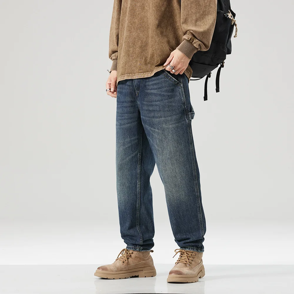 High quality long cargo jeans for men big size multi pocket stone wash cotton denim vintage trousers new 2024 clothing - blue