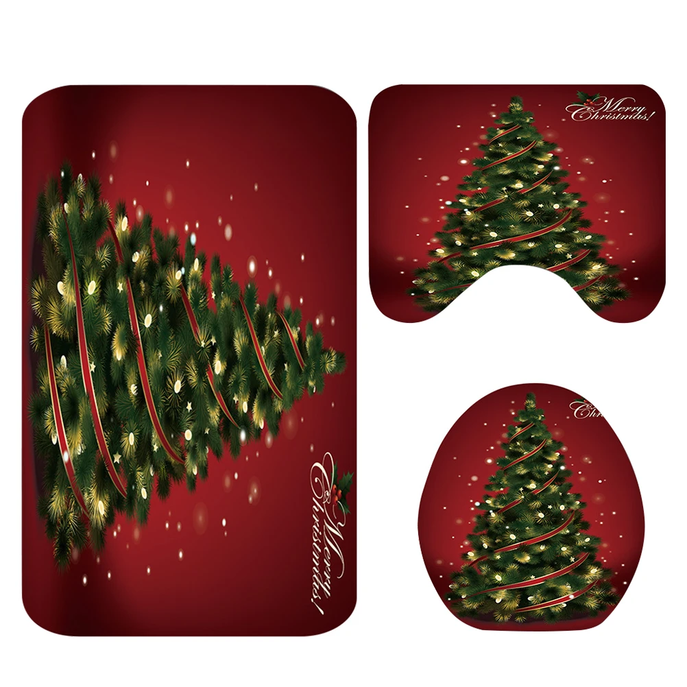 

Bathroom Accessories Shower Curtain Floor Mat Set Festival Pedestal Rug Christmas Red Rugs