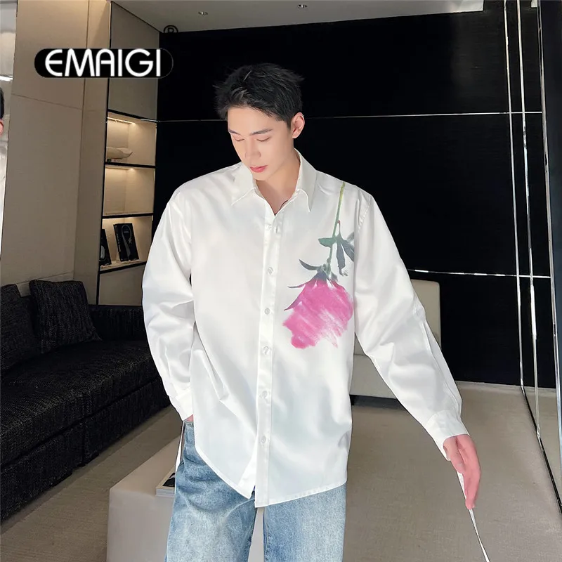 

Rose Printed Long Sleeve Shirt for Men Streetwear Fashion Loose Casual Vintage Dress Shirts Male Korean Net Celebrity Shirts