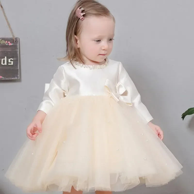 Baby Girl Princess Bow Long Sleeve Dress Infant Toddler Child Teen Elegant Tulle Vestido Party Birthday Baby Clothes 1-14Y