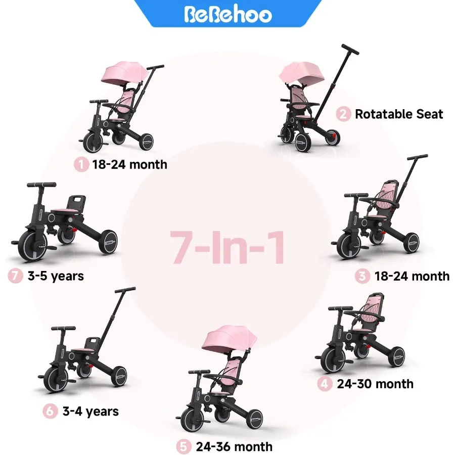 幼児用三輪車ベビーカー 折りたたみ式ベビー三輪車バランスバイク プッシュハンドル付き幼児用ベビーカーバイク 1歳から5歳向け 7インチ
