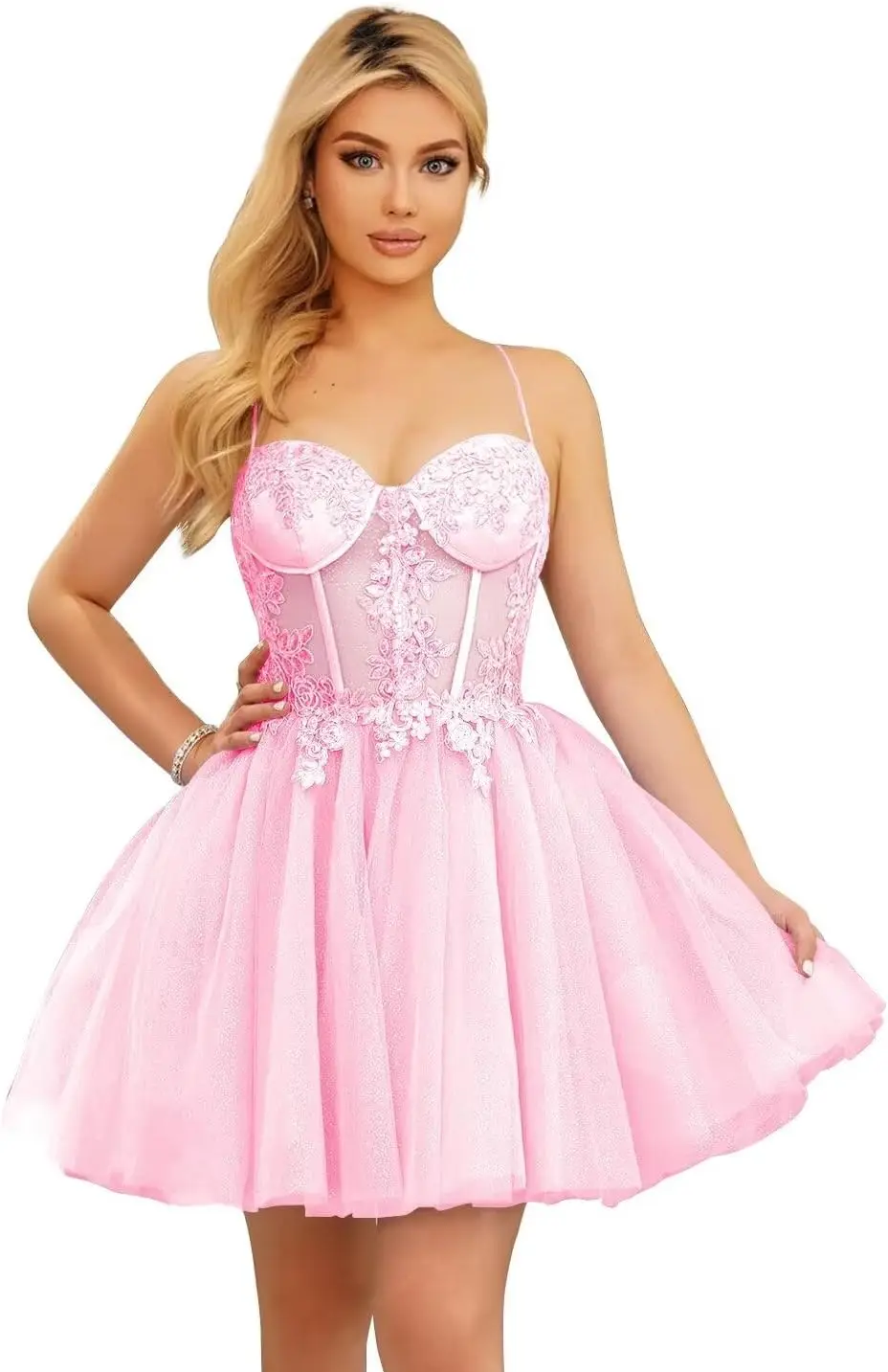 

Women's Glitter Tulle Short Prom Dress 3D Flowers Spaghetti Straps Homecoming Dresses for Teens Cocktail Dresses