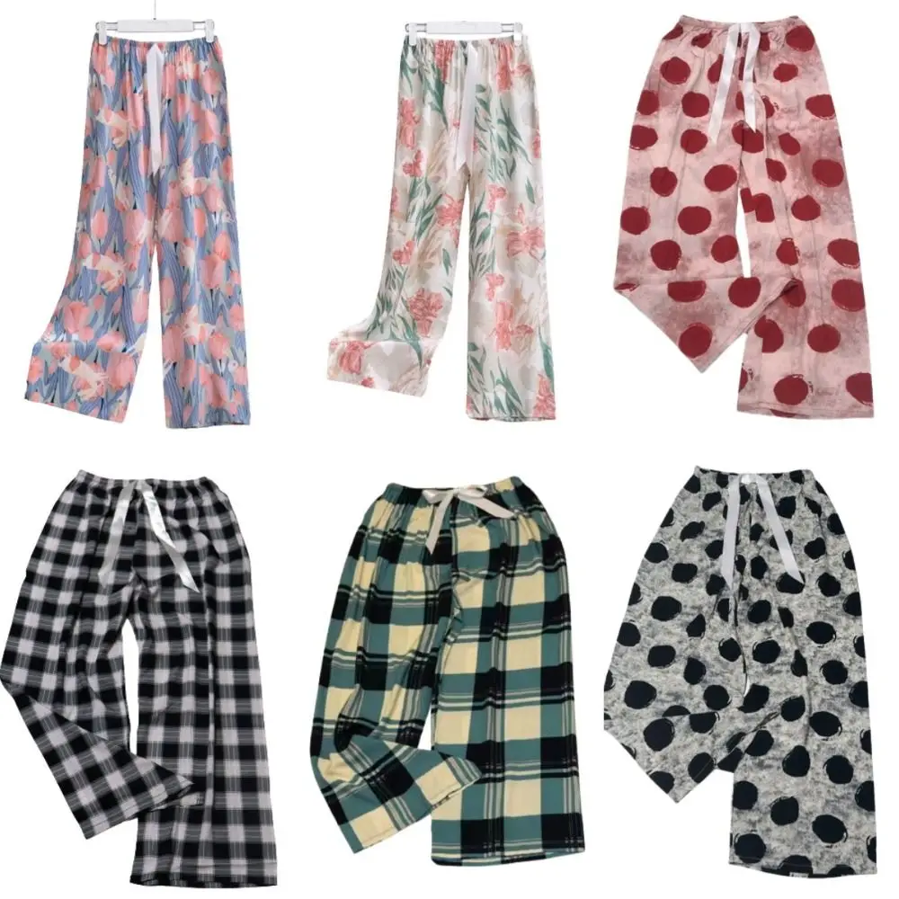 Sleepwear Cotton Silk Large Size Loose Pants Thin Print Floral Printed Cropped Pants Comfortable Wide Women Wide Leg Pants Sleep