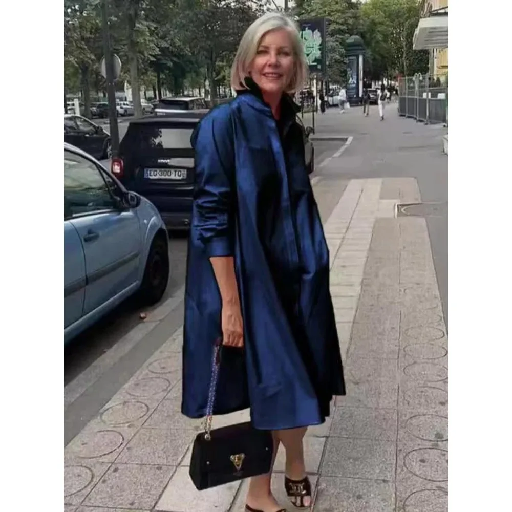 Vestidos ผู้หญิงชุดยาวสีทึบหลวม Fit Turndown COLLAR Elegant Splice ปุ่มอารมณ์เสื้อชุด 2025 สบายๆ