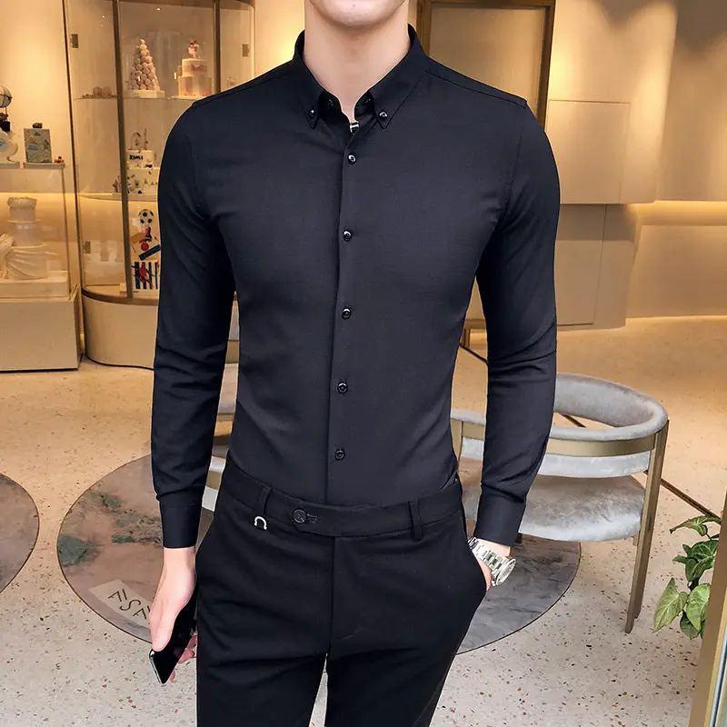 Men\'s Solid Color Shirt British Style Youth High Quality Long Sleeve Business Mens Casual Slim Fit Shirt Fashion Men Clothing