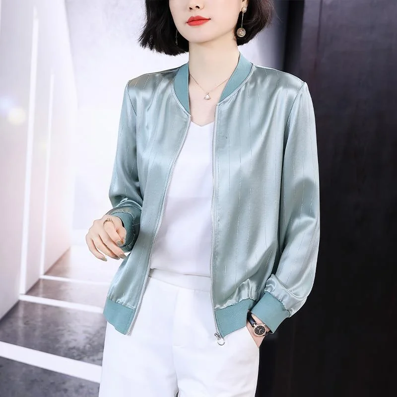 

Baseball Uniform Short Jacket New Acetic Acid Imitation Satin Casual Loose Jacket Top Makes You Look Thin