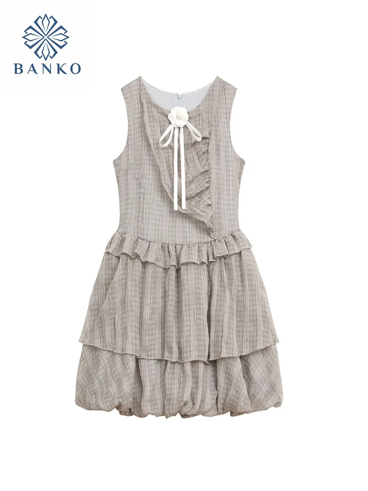 

Французское элегантное клетчатое платье без рукавов с круглым вырезом, женское милое летнее платье с объемными цветами, красное пушистое платье, цельное платье 2024