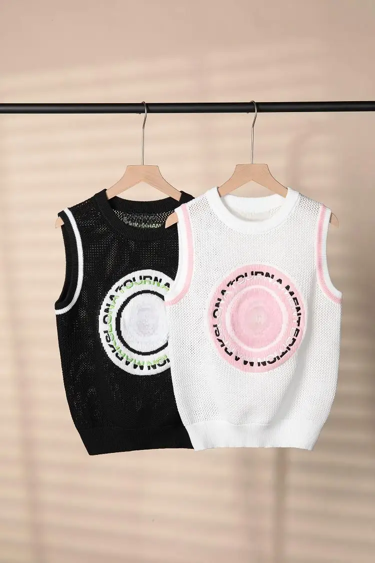 Women Golf Crew Neck Knit Vest Sleeveless Pullover, Breathable Fashion Versatile Golf Wear Ladies Sports Sweater Tank Top