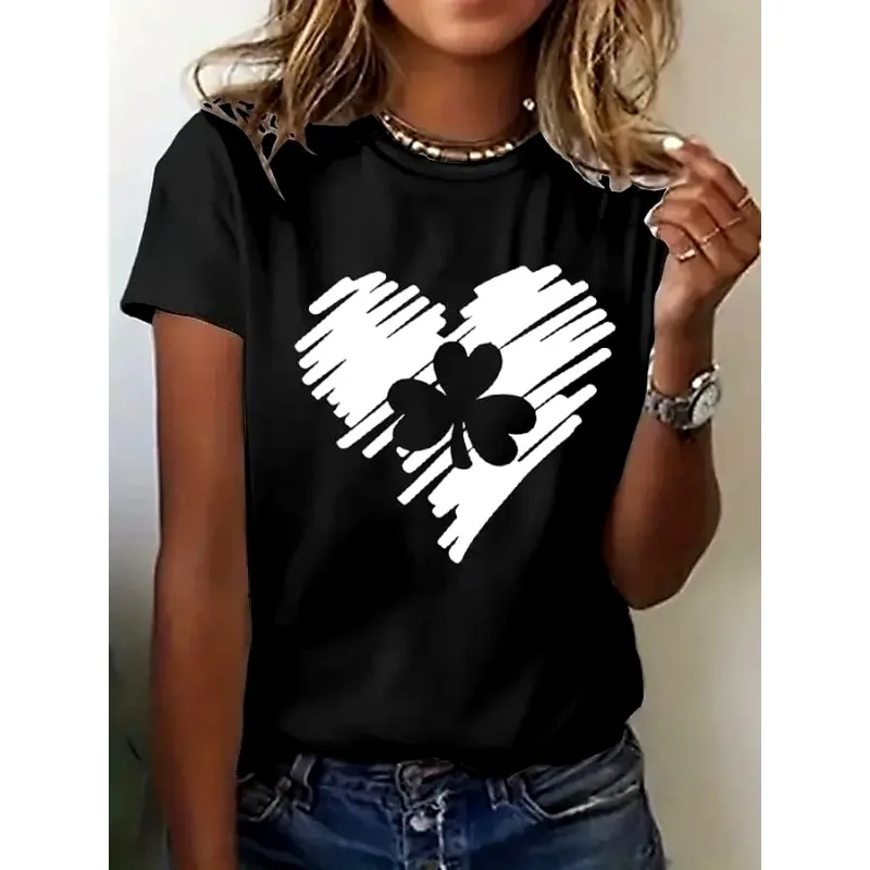 2026 St. Patrick's Day Cute Animal Women's T-shirt Green Lucky Clover Printed Round Neck Outdoor Short Sleeve Women's Top