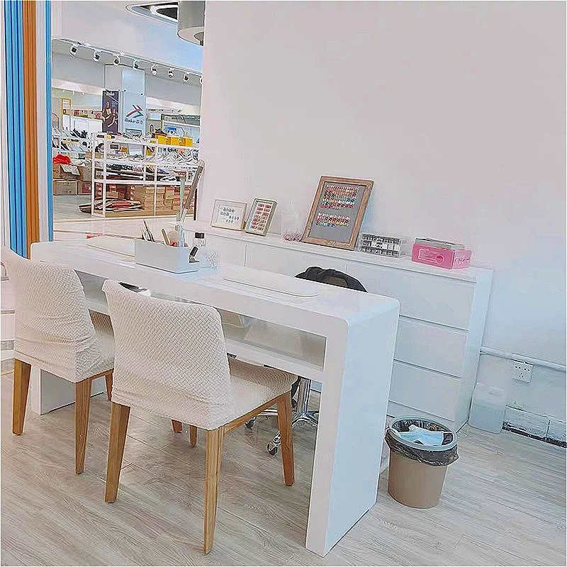 

Minimalism Italian Nail Tables Cream Style Design Glass Storage Nail Tables Luxury Reception Desk Salon Furniture Mesa Uñas FYMT