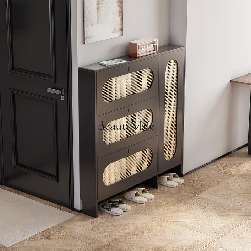 

Ultra-thin shoe cabinet rattan woven into the home retro tipping bucket extremely narrow French household integrated entrance