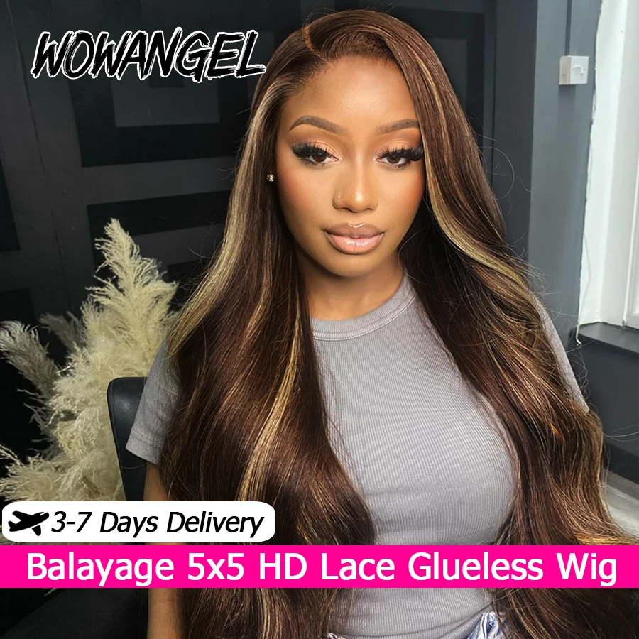

WOWANGEL Chocolate Brown Highlight 5x5 HD Lace Closure Wig Body Wave Human Hair Wig Pre Plucked Glueless Wig Natural Hairline