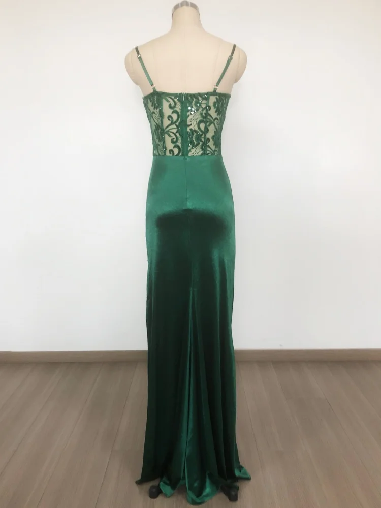 Elegancka zielona satynowa sukienka z koronkowym gorsetem i wysokim rozcięciem, damska prześwitująca sukienka wieczorowa na studniówkę i formalne okazje, Vestidos