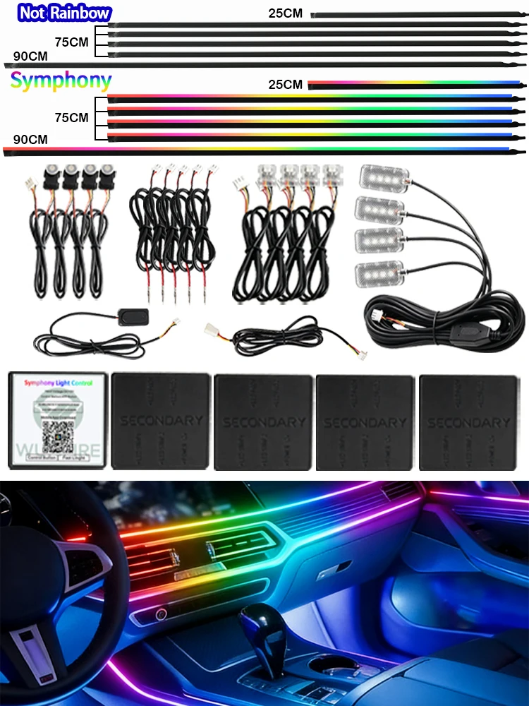 Zestaw 18 w 1 LED-owych lampek ambientowych do samochodu, synchronizacja muzyki, RGB, 213 kolorów, tęczowe, sterowanie przez Bluetooth przez aplikację, akrylowe neonowe paski świetlne do wnętrza — 2