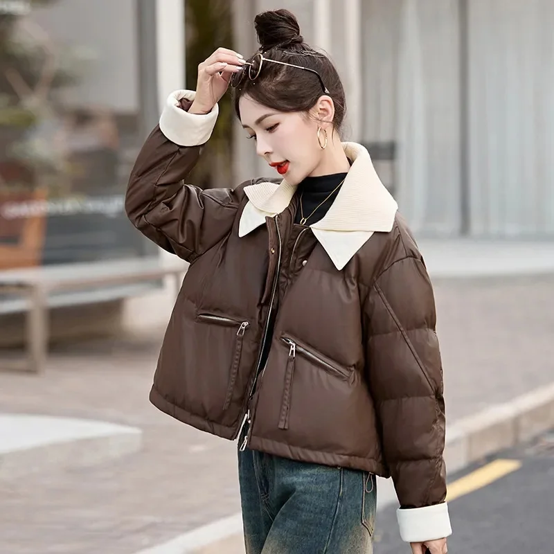 PU 따뜻한 면 패딩 여성 코트 파카 겨울 2025 신상 니트 라펠 가죽 재킷 숏 여성 아우터 패션 다운 재킷