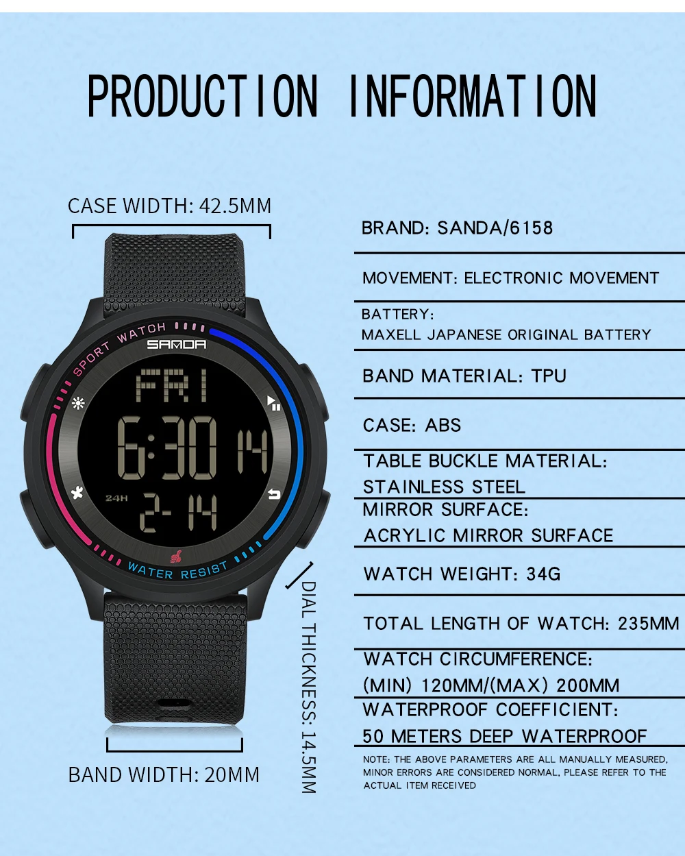 SANDA Herrenuhr, mehrere Funktionen, Outdoor-Sport, Stoppuhr, wasserdicht, digitales Uhrwerk, LED, Herren-Armbanduhr, elektronischer Alarm – Detail 6