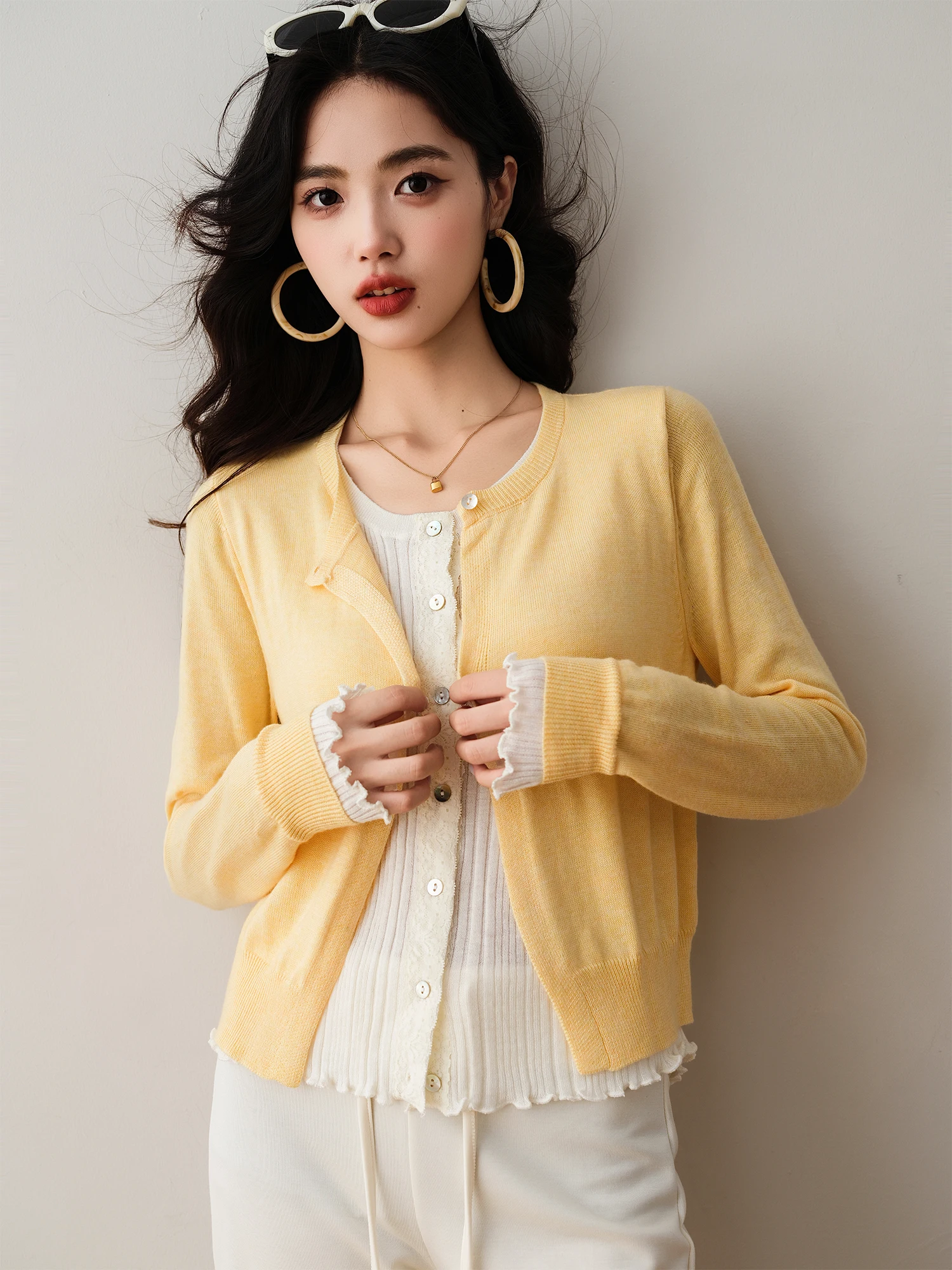 

Soft Korean Sle Knitted Open Cardigan with Wooden Contrast Color Fake Two-Piece Long Sve Straight Fit Women's Top