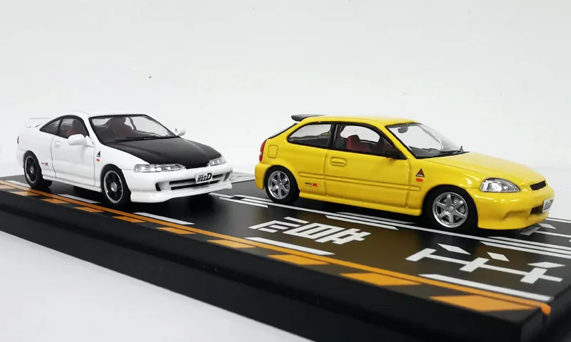 Stocks Hi-Story Modeler 1/64 Initial D White DC2 And Yellow EK9 Color Diecast Double Car Set Scale Model Collection