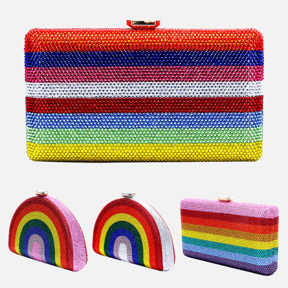 Latest Design Luxury Lady Rhinestone Hand Purse Wedding Banquet Gift Crystal Multicolor Striped Rainbow Diamond Dinner Bag