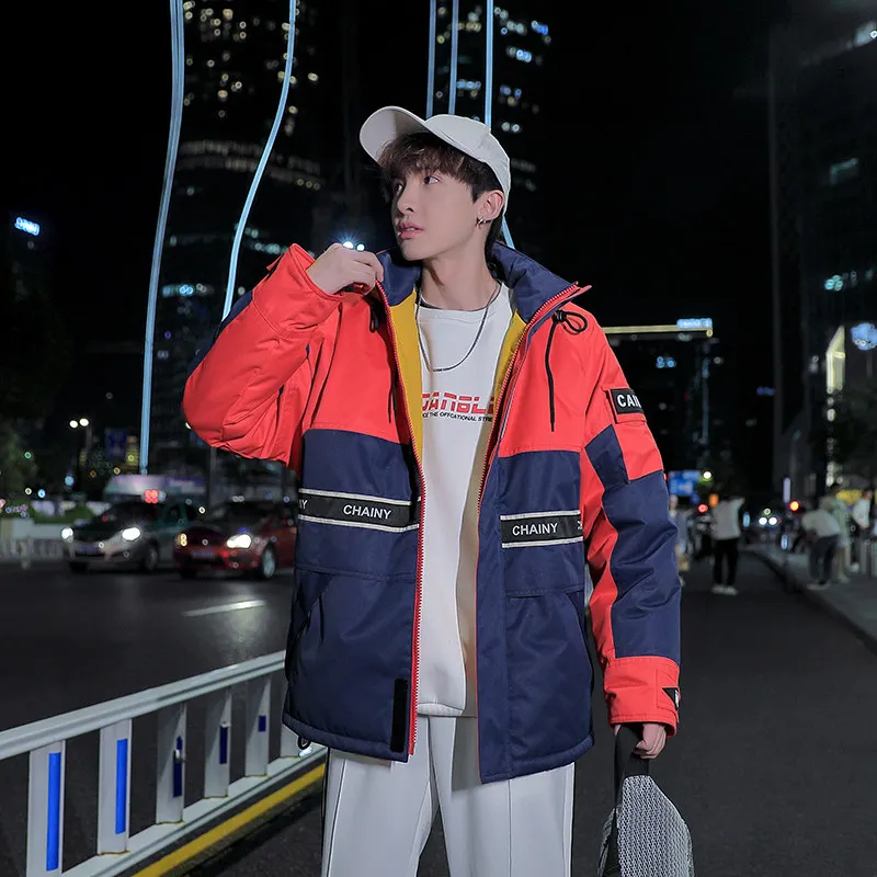 

Мужская хлопковая куртка с капюшоном и воротником-стойкой, зимняя, теплая, модная, с цветными вставками, брендовая верхняя одежда, с полиэстеровым наполнителем, на молнии