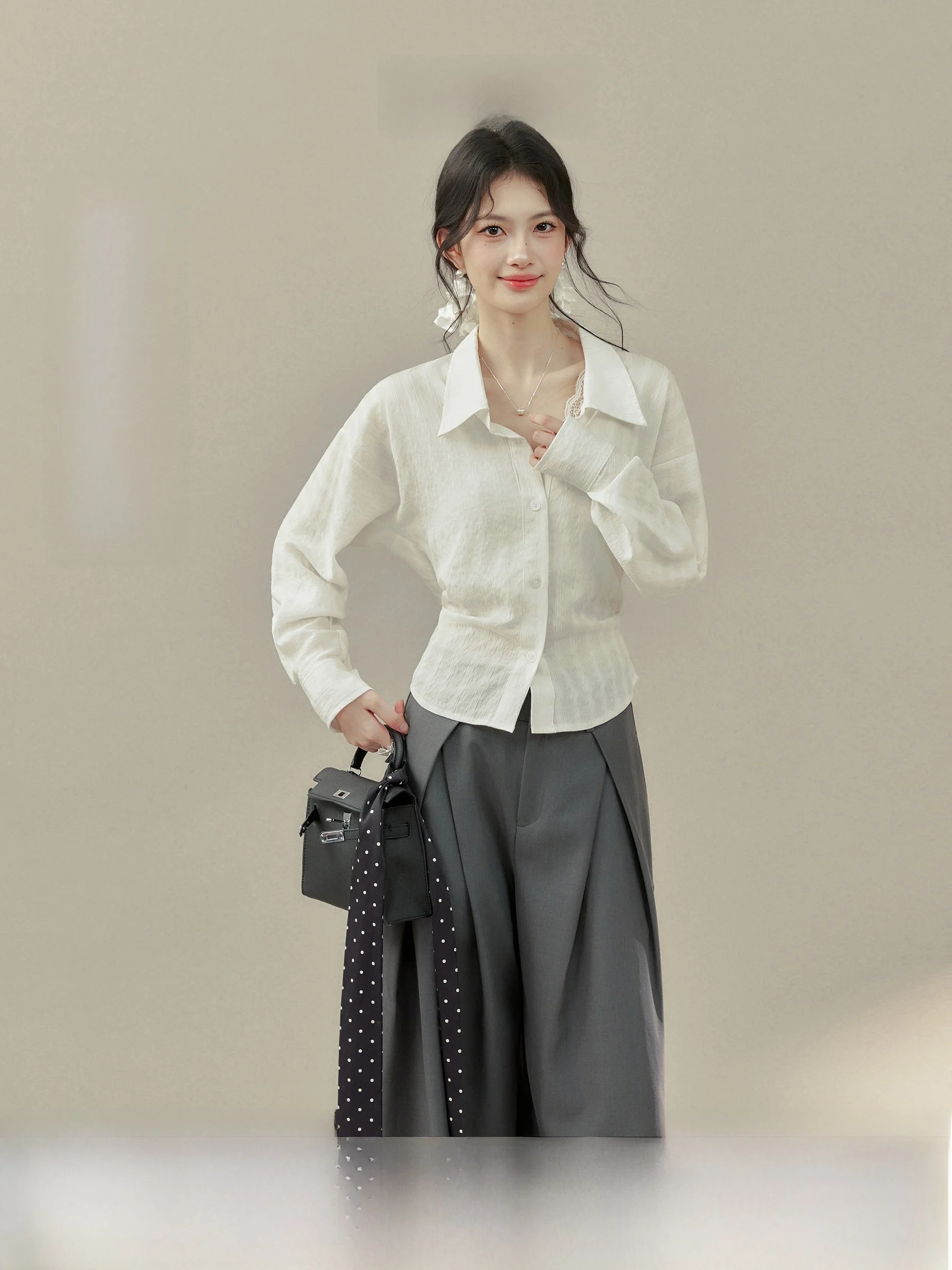 

White Long Sleeve Collar Shirt Women's Short Style Casual Fashion Waist-Cinching Spring Shirt Top by Yang Xue