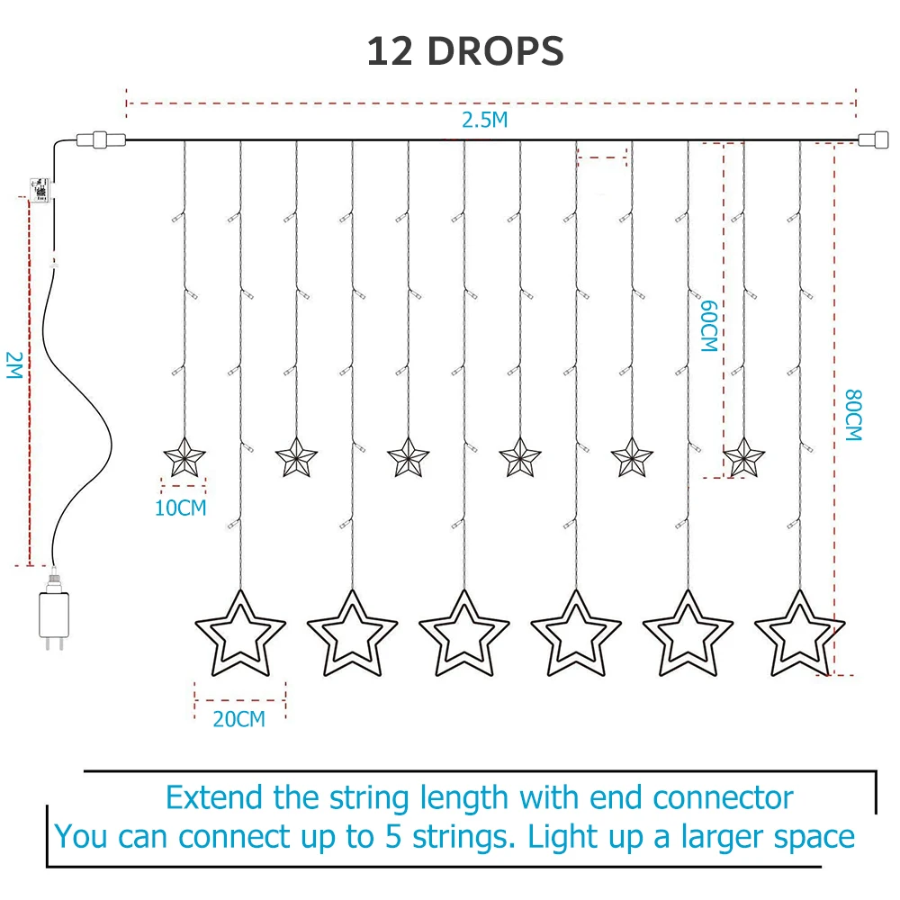 Guirnalda de luces LED con forma de estrella, cortina de luz blanca cálida, impermeable, 8 modos, 2,5 M, para fiesta de Ramadán, dormitorio, boda,