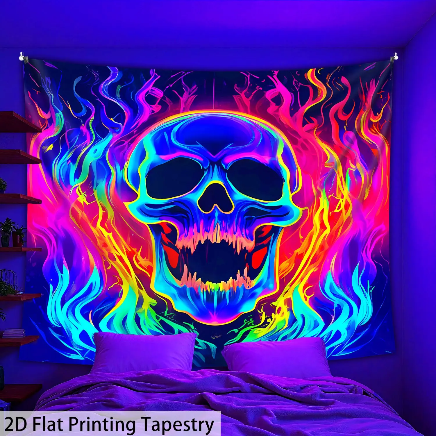 VIKAMA Flaming Skull Tapestry Print Gaming Bedroom Music Bar Unique Living Room Feature Wall Room Decor