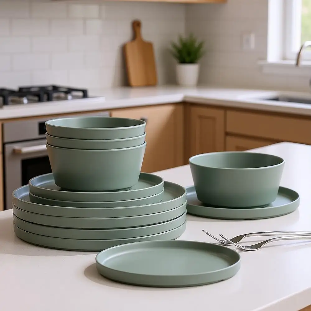 

Набор посуды из 12 предметов из меламина: небьющиеся тарелки и миски для использования в помещении и на улице, без бисфенола А, можно мыть в посудомоечной машине (цвет: зеленый шалфей)