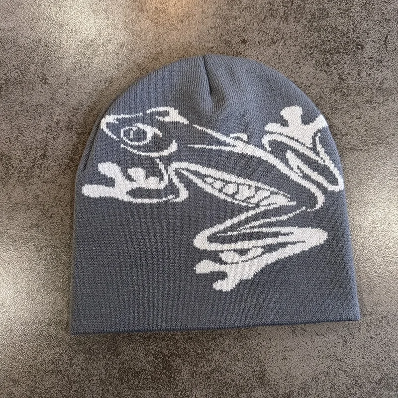 Beanie mit Baumfrosch-Aufdruck für Herren und Damen, dehnbare gestrickte Totenkopfmütze für Outdoor-Sportarten, lässige Streetwear, Unisex-Wintermütze mit Bündchen – Detail 4