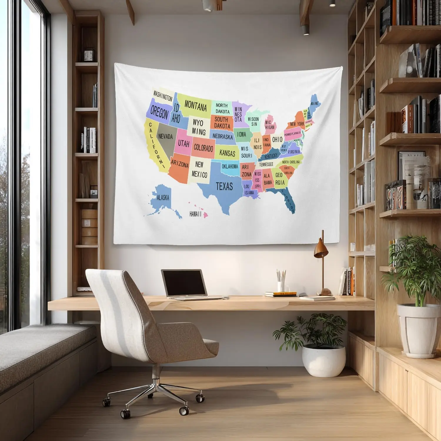 Minimalist US Map Tapestry, Pastel Colored United States Map with State Labels Print Wall Hanging, Great For Dorm & Office Decor