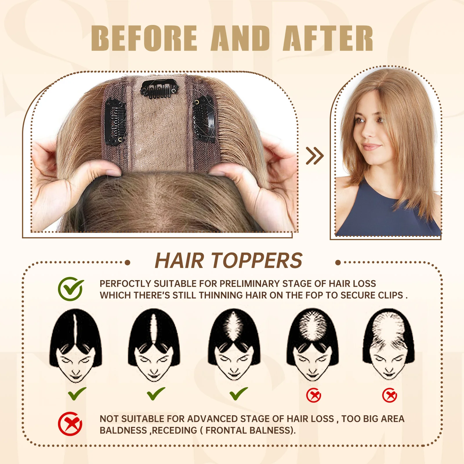 Rambut Palsu Cokelat Tua 100% Remy Human Hair Topper Belahan Tengah untuk Wanita Rambut Rontok Basis Sutra Lace 3 Jepit Rambut di Atas Kepala