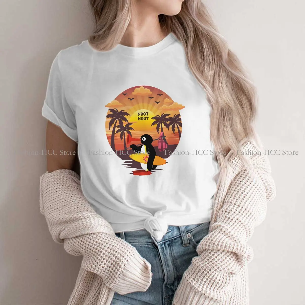 Noot Noot Sunset camiseta de poliéster casual para mulheres, tops criativos dos desenhos animados, camiseta lazer, pingu