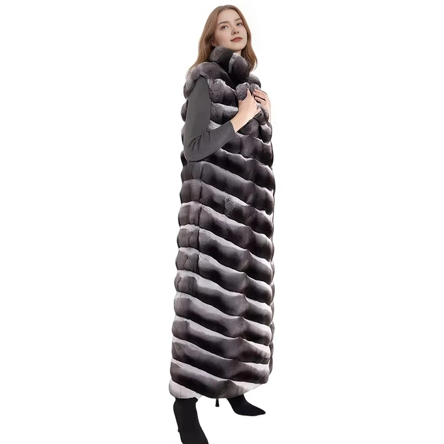 Natrual Rex Rabbit Fur Vest With Collar 2024 High Qualiy Chinchilla Rabbit Fur Vest Long Rabbit Fur Vest