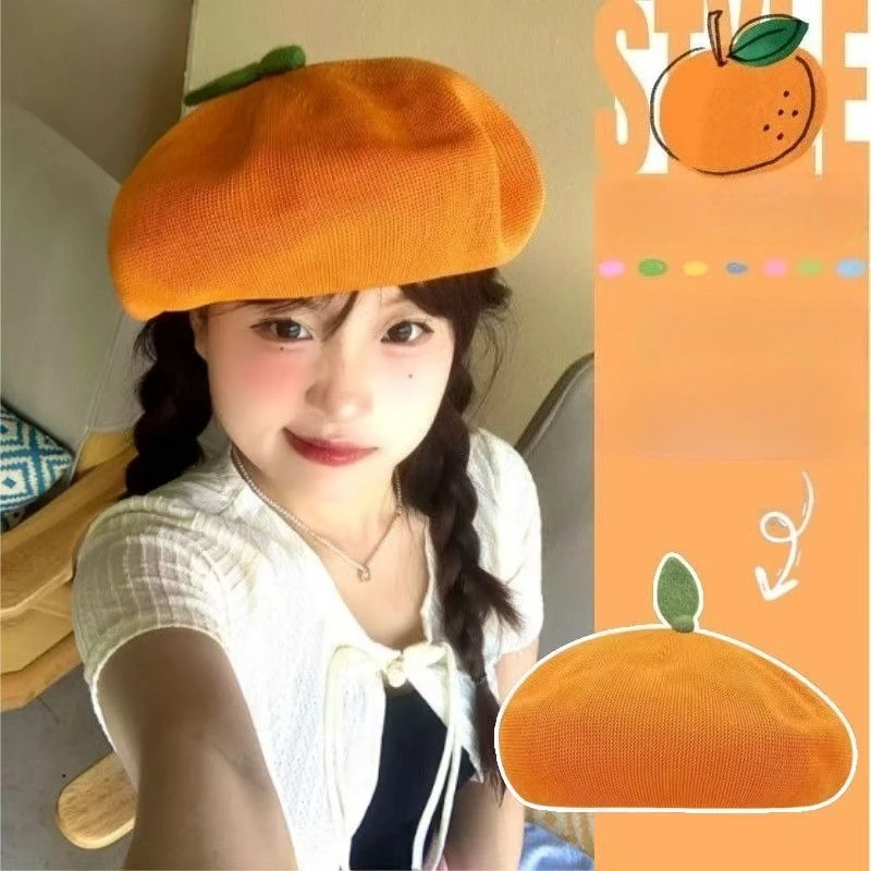 4955 Kawaii Fruit Orange Berets Hat Cute French Vintage Artist Painter Cap Kmiunty Women Cute Fruit Beret Girl Fruit Hat Wool Cap with  main image 3
