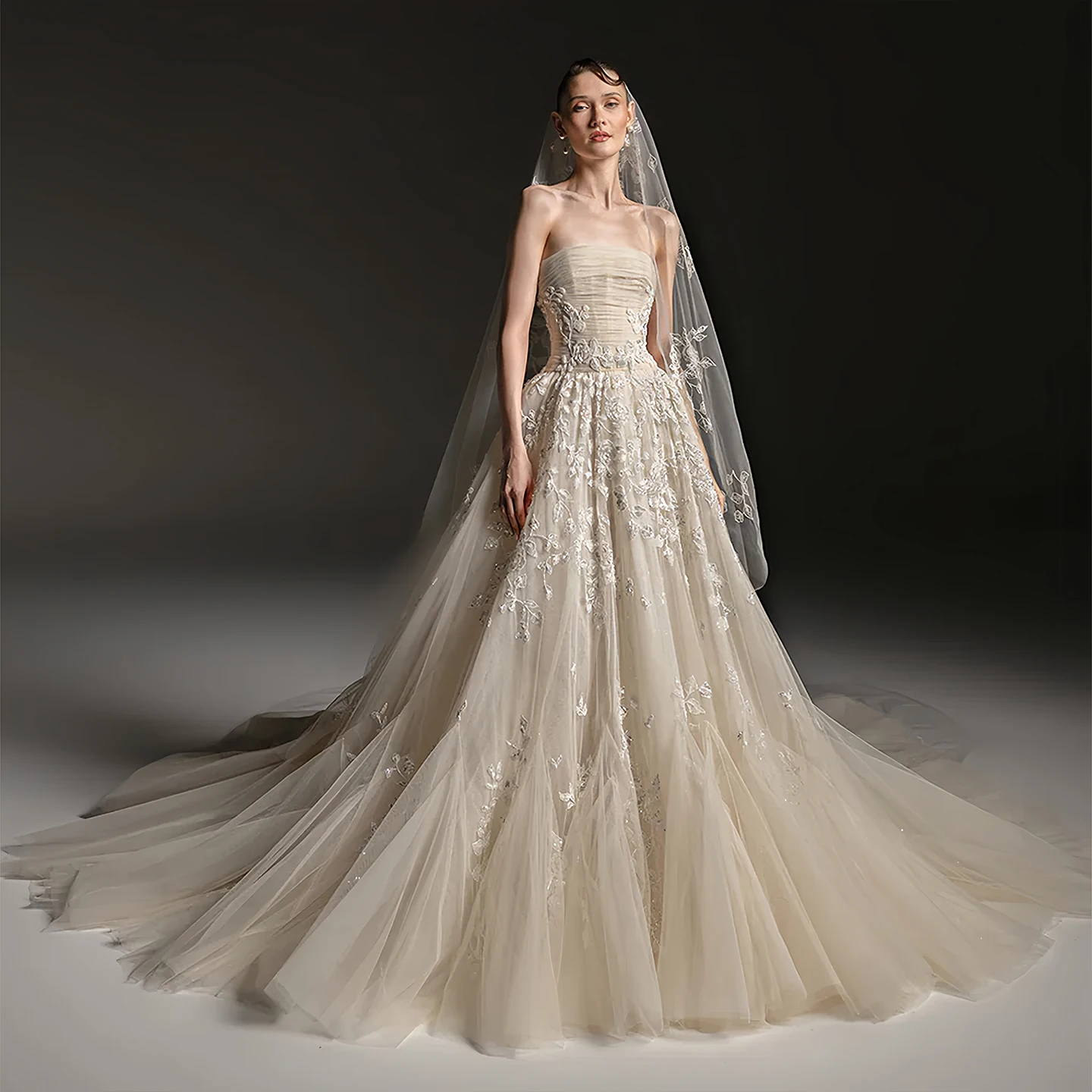 

Sharon Said Princess A Line Wedding Dress Strapless Royal Floral Lace Appliques Beaded Bridal Gowns SW664 Customized